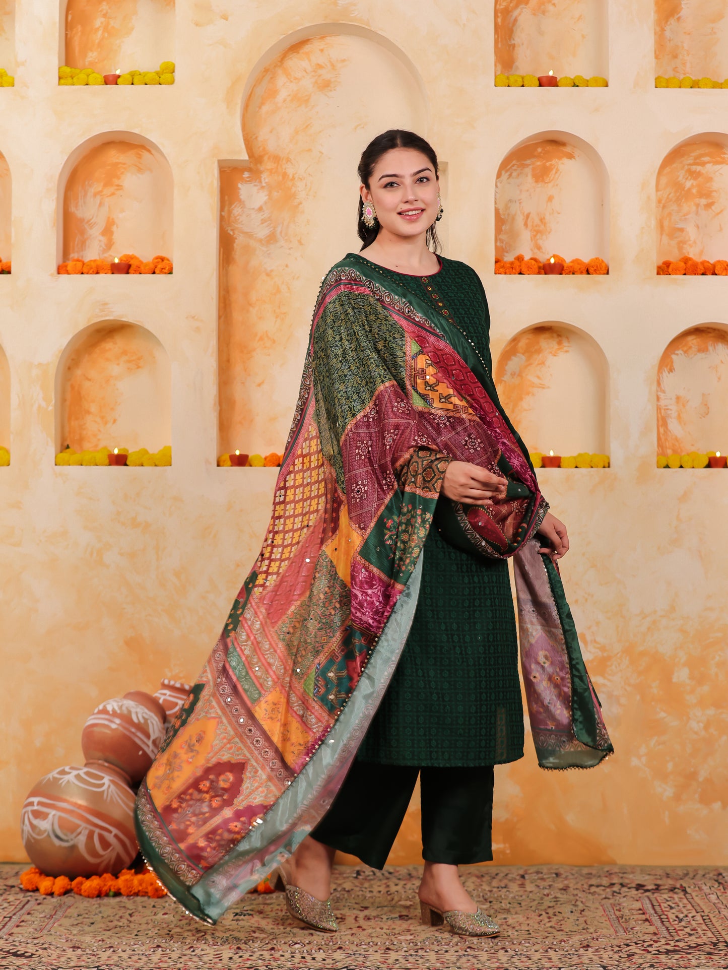 Embroidered Self Design Chanderi Solid Straight Green Kurta
