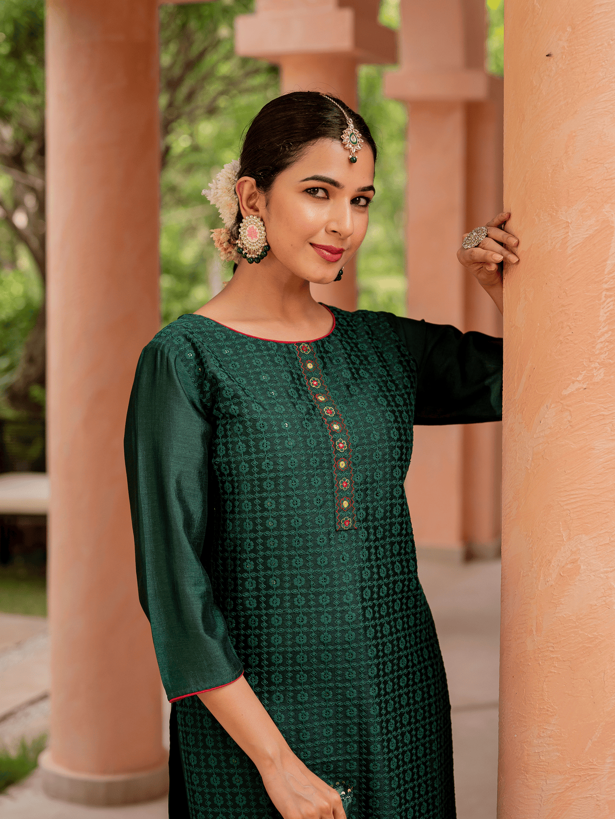 Embroidered Chanderi Solid Straight Green Kurta
