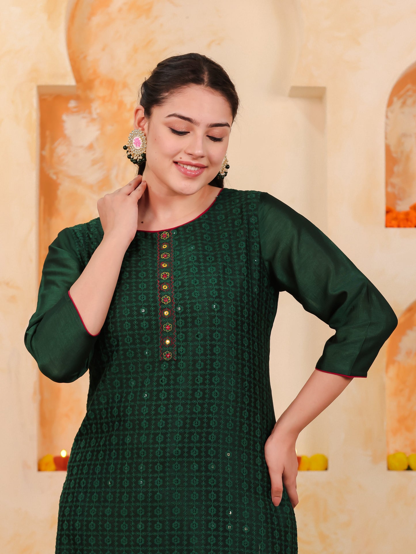 Embroidered Self Design Chanderi Solid Straight Green Kurta