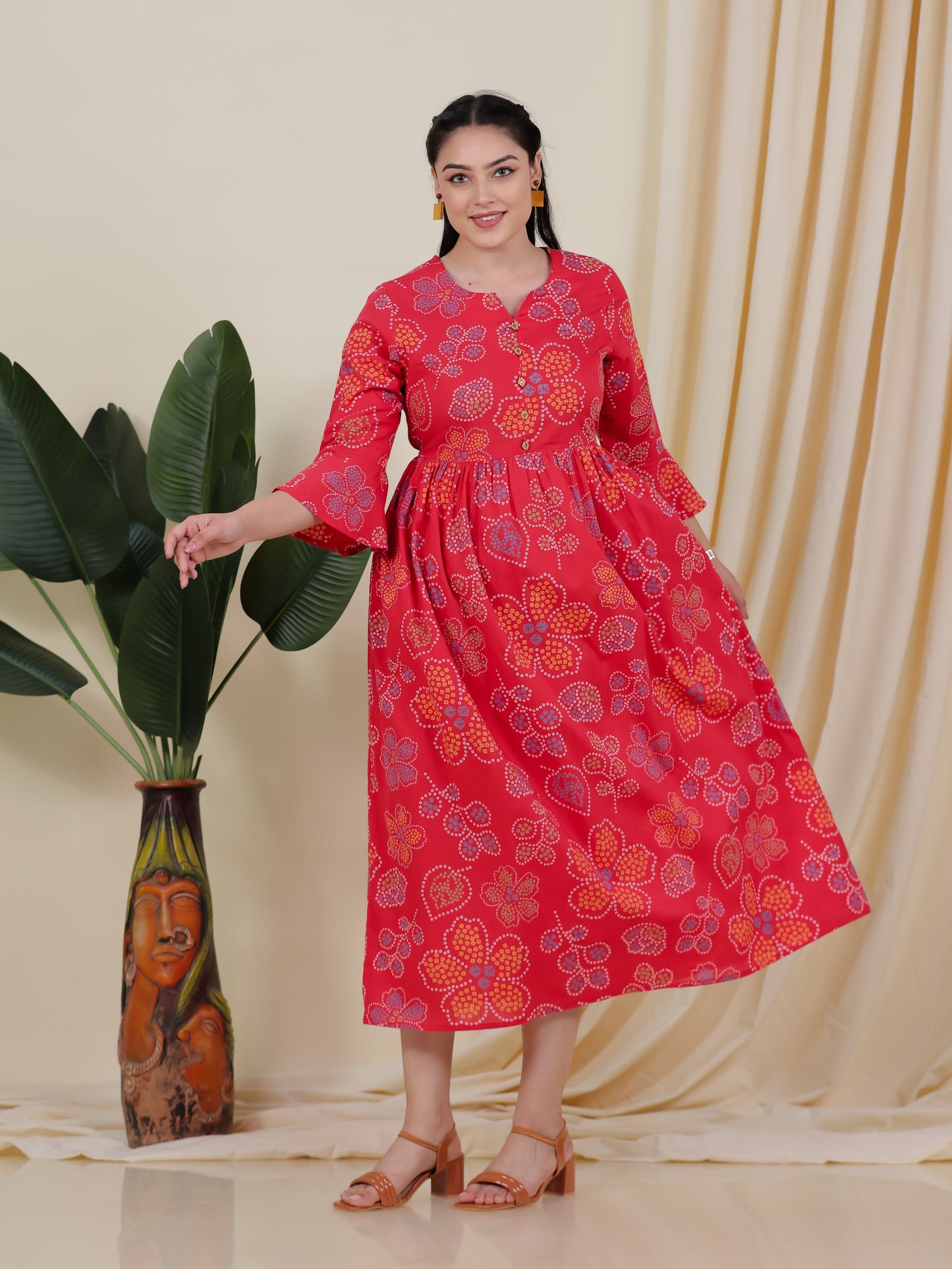 Soft Cotton Bandhani Anarkali Rust Dress