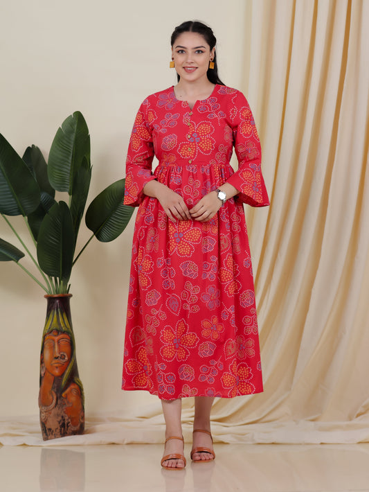 Soft Cotton Bandhani Anarkali Rust Dress