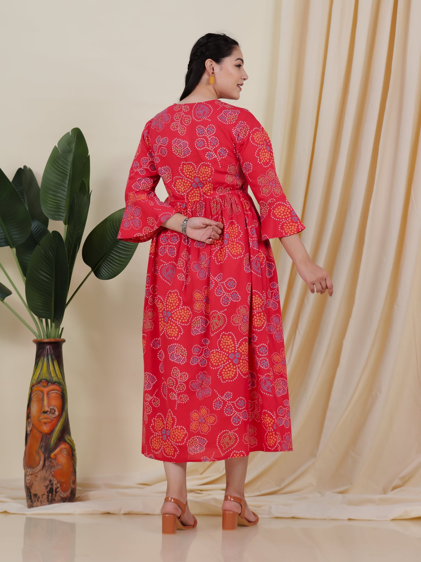 Soft Cotton Bandhani Anarkali Rust Dress