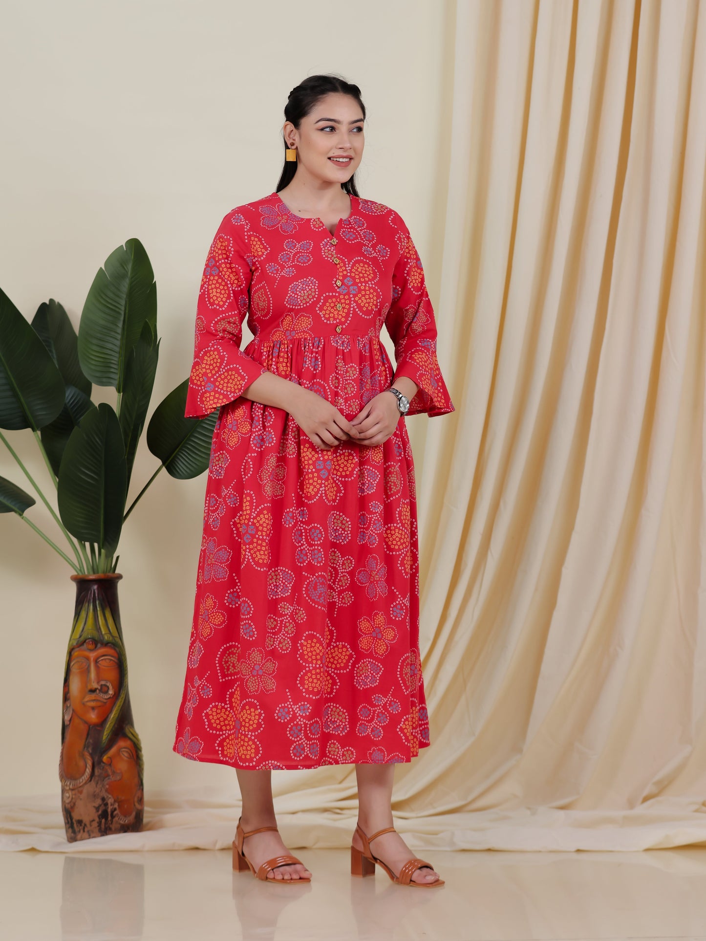 Soft Cotton Bandhani Anarkali Rust Dress