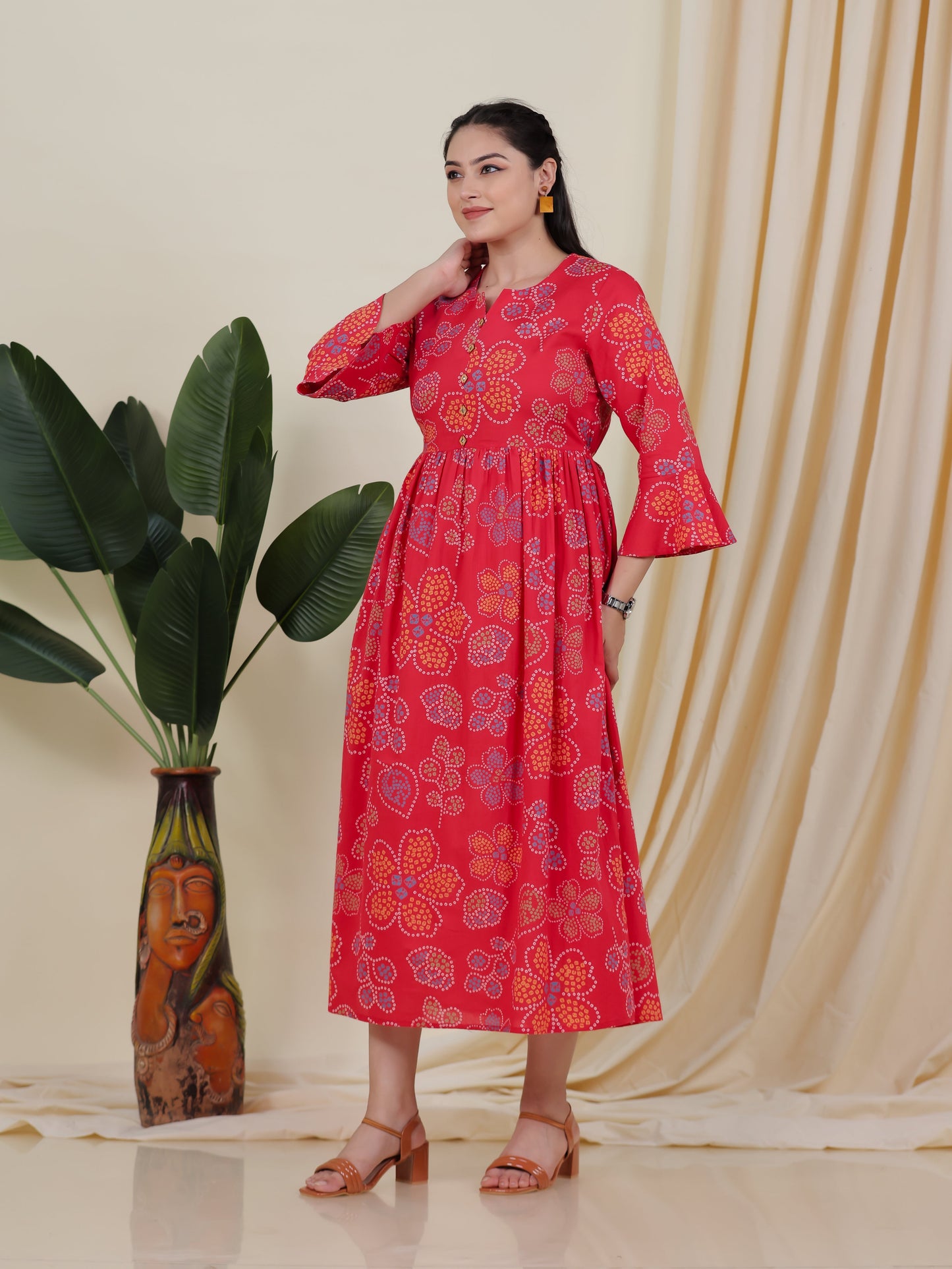 Soft Cotton Bandhani Anarkali Rust Dress