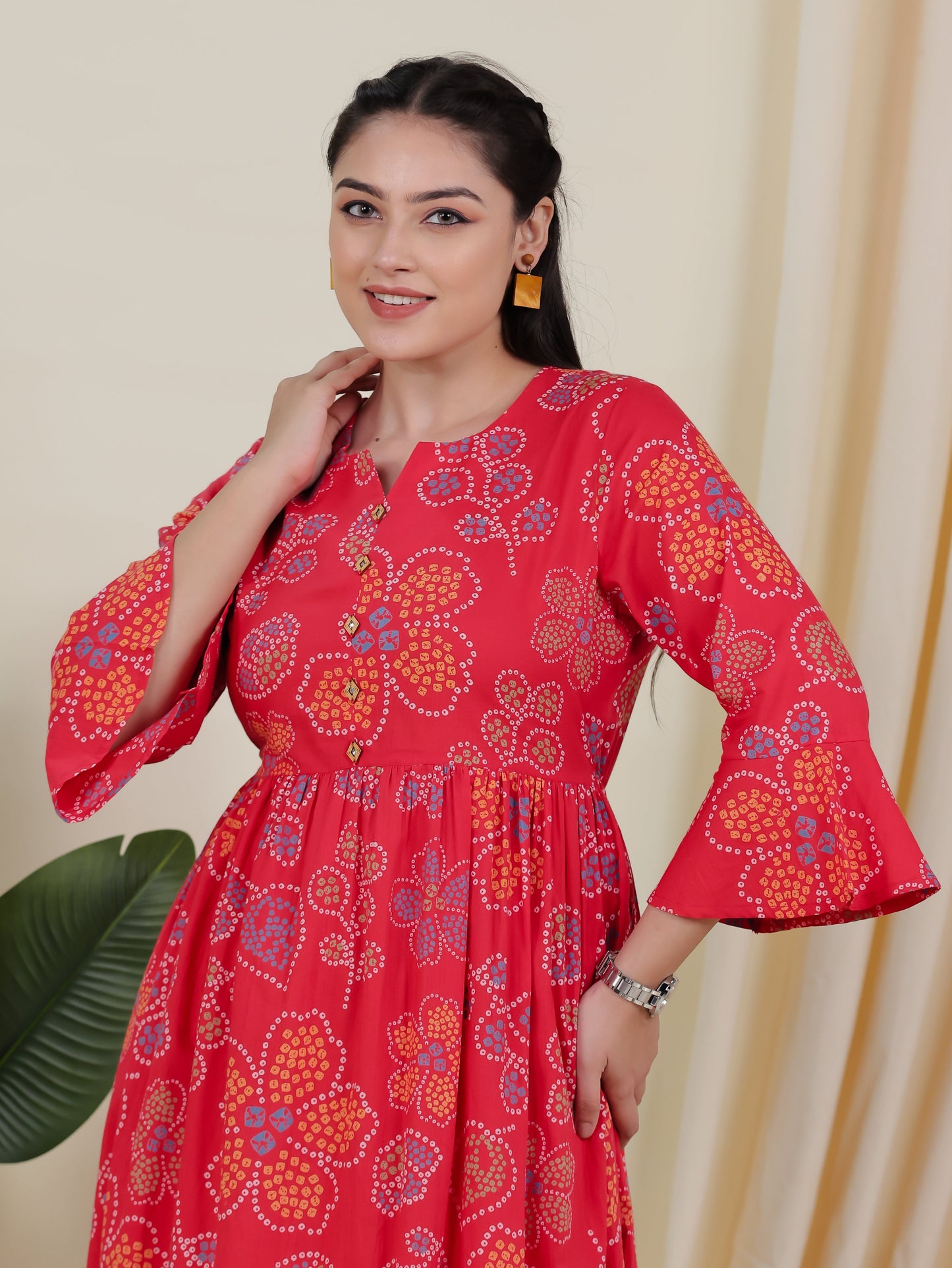 Soft Cotton Bandhani Anarkali Rust Dress
