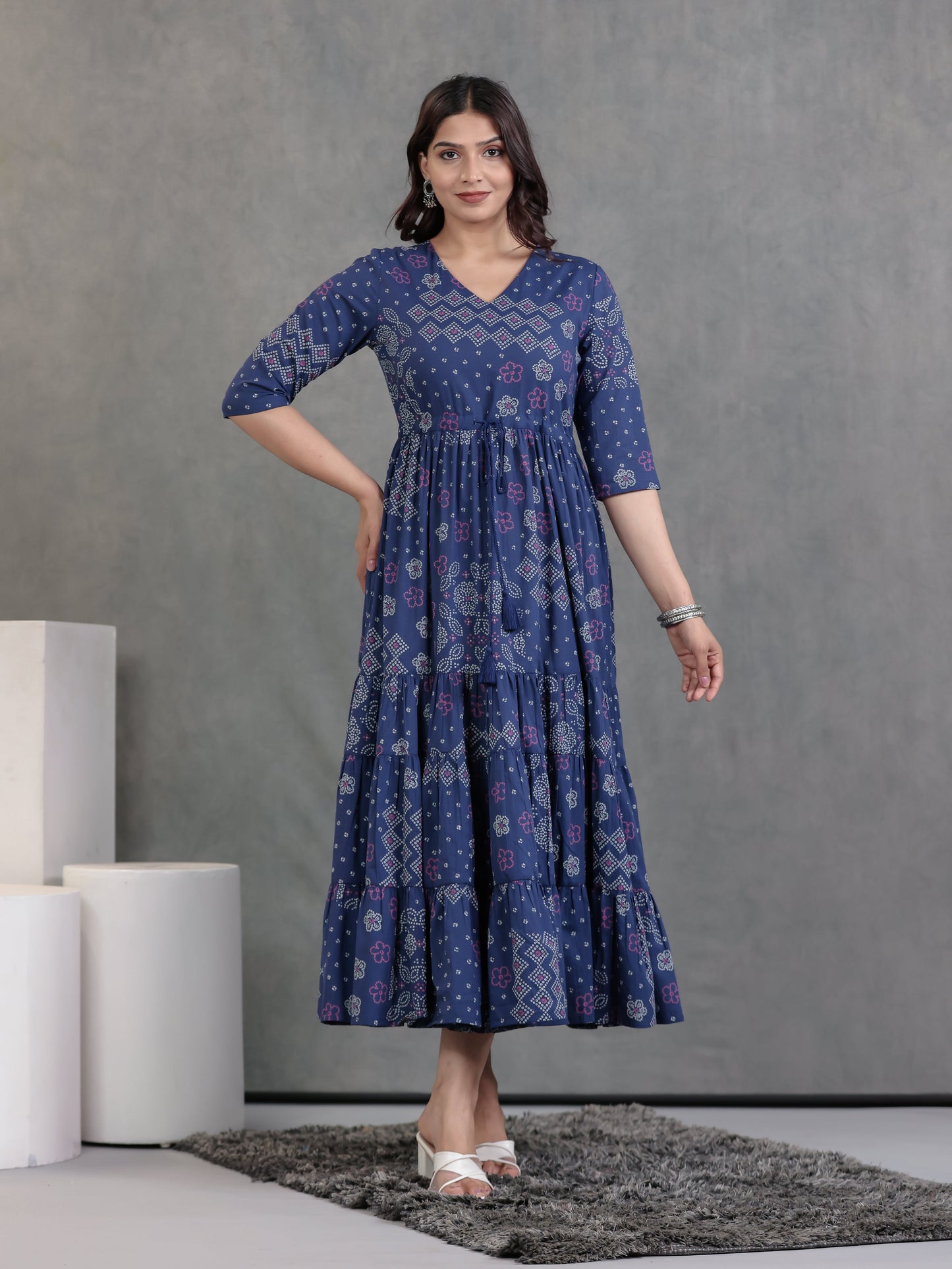 Soft Cotton Bandhani A-line Blue Dress