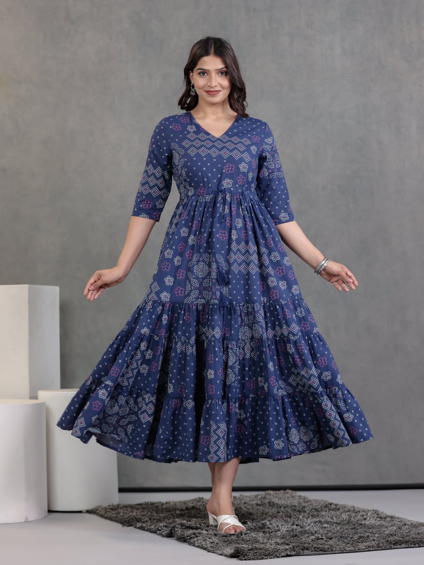 Soft Cotton Bandhani A-line Blue Dress