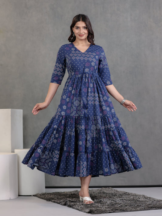 Soft Cotton Bandhani A-line Blue Dress