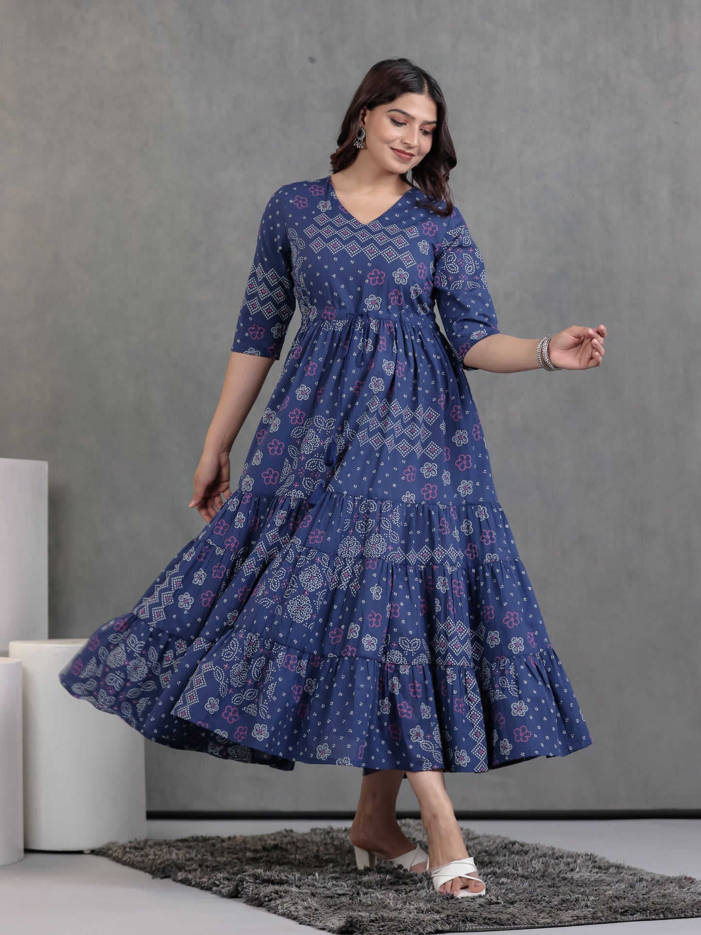Soft Cotton Bandhani A-line Blue Dress