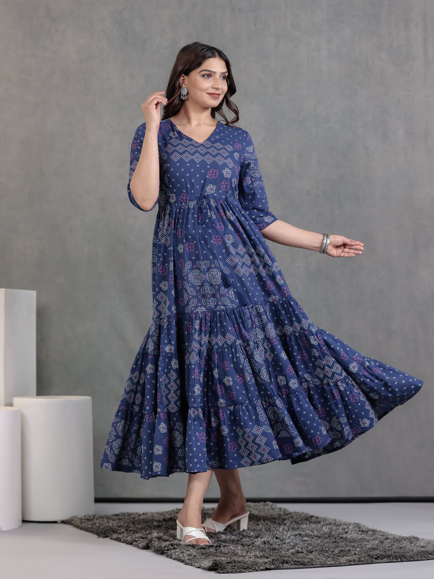 Soft Cotton Bandhani A-line Blue Dress