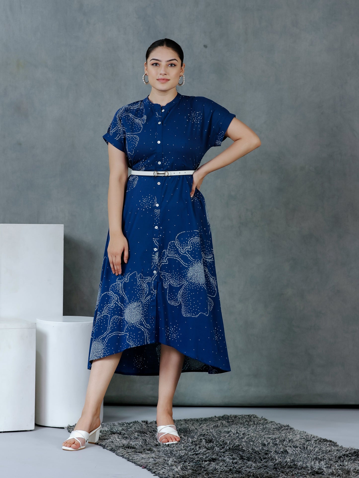 Soft Cotton Placement Print A-line Blue Dress