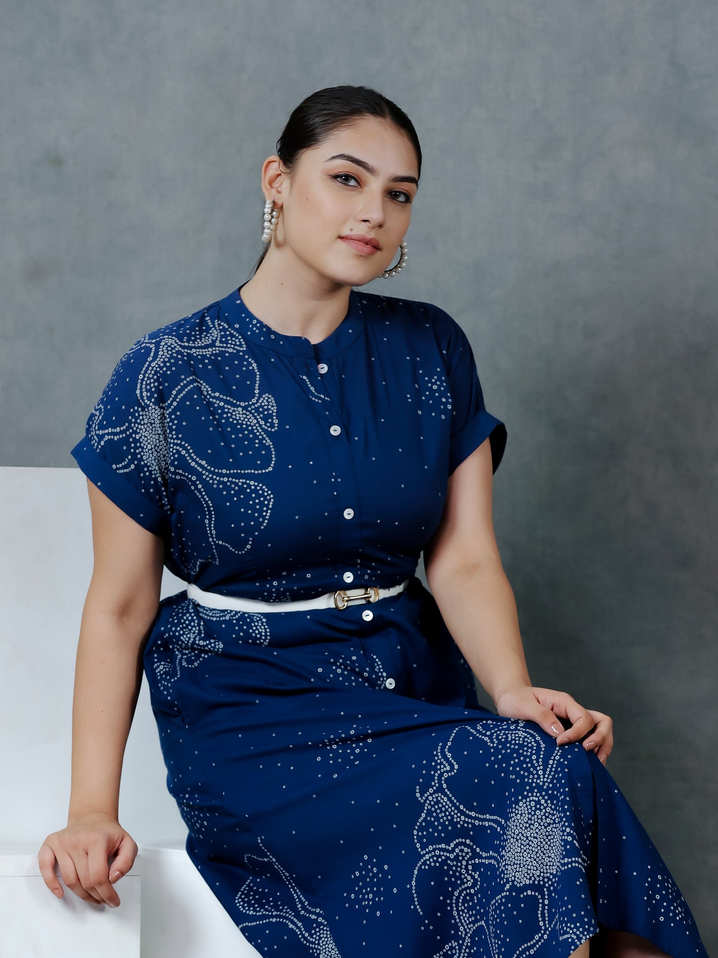 Soft Cotton Placement Print A-line Blue Dress