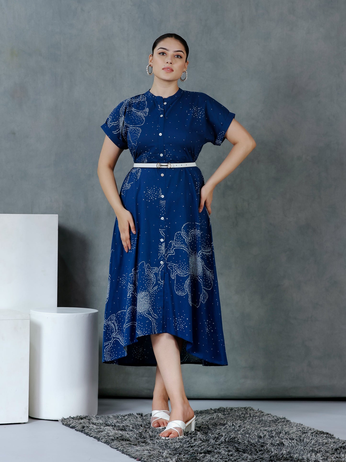 Soft Cotton Placement Print A-line Blue Dress