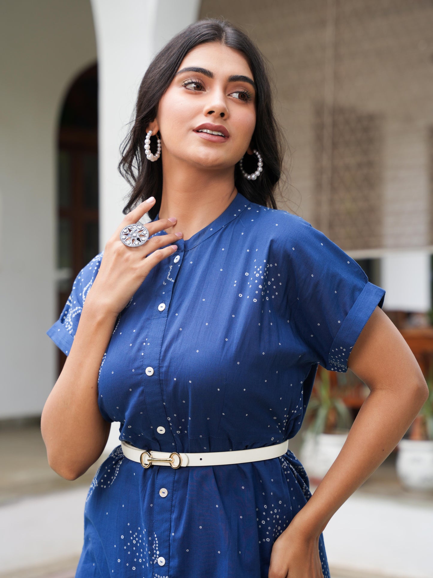 Soft Cotton Placement Print A-line Blue Dress