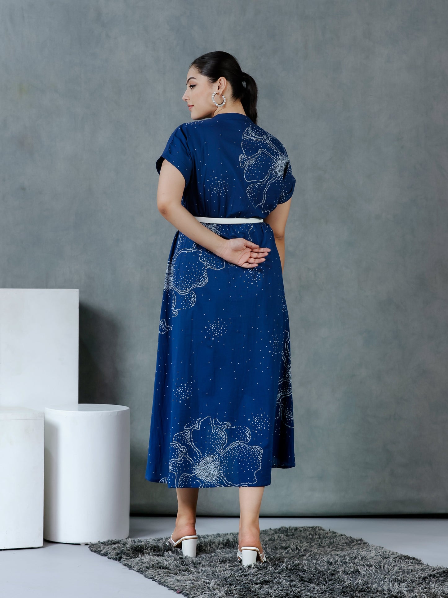 Soft Cotton Placement Print A-line Blue Dress