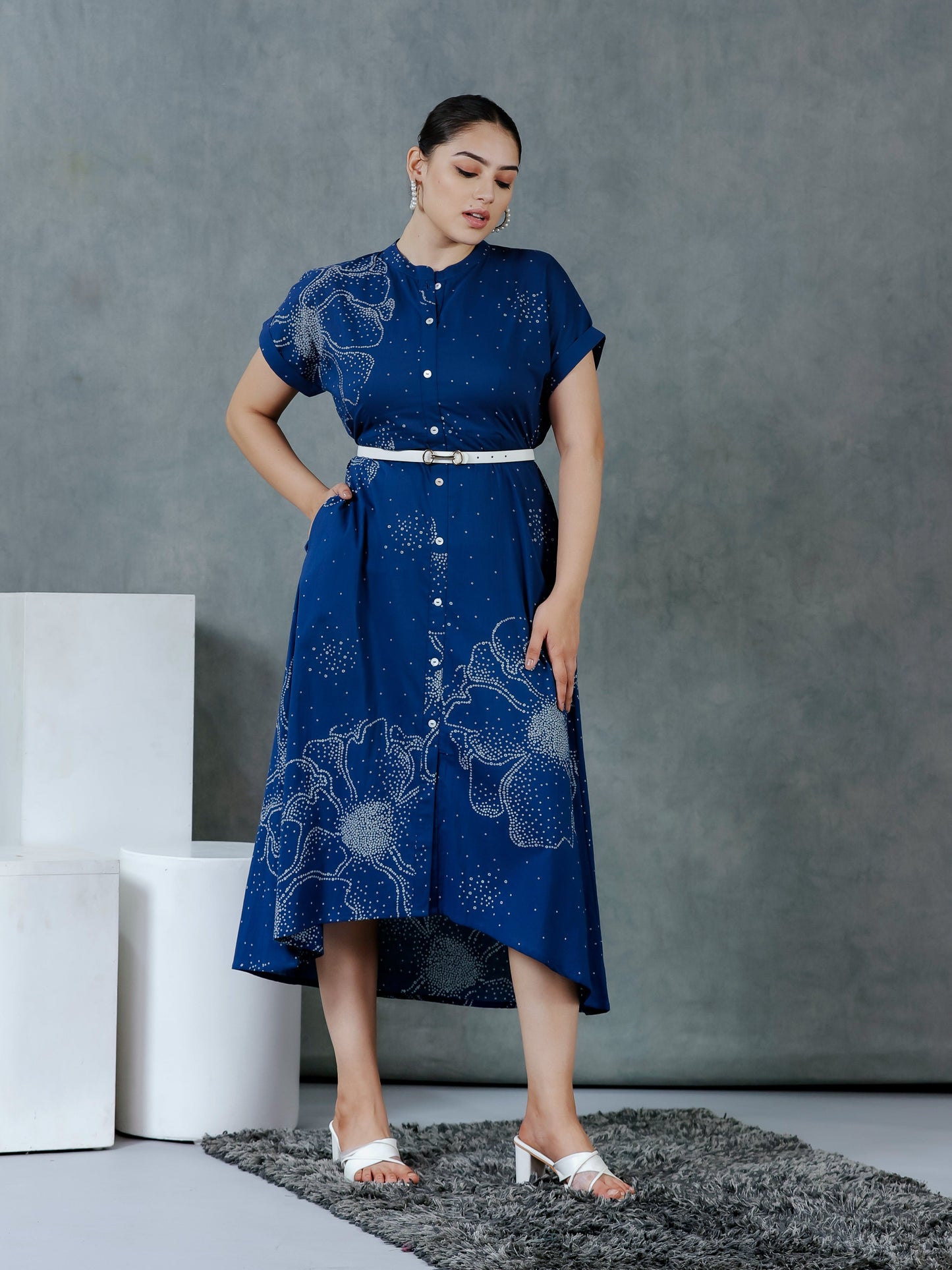 Soft Cotton Placement Print A-line Blue Dress