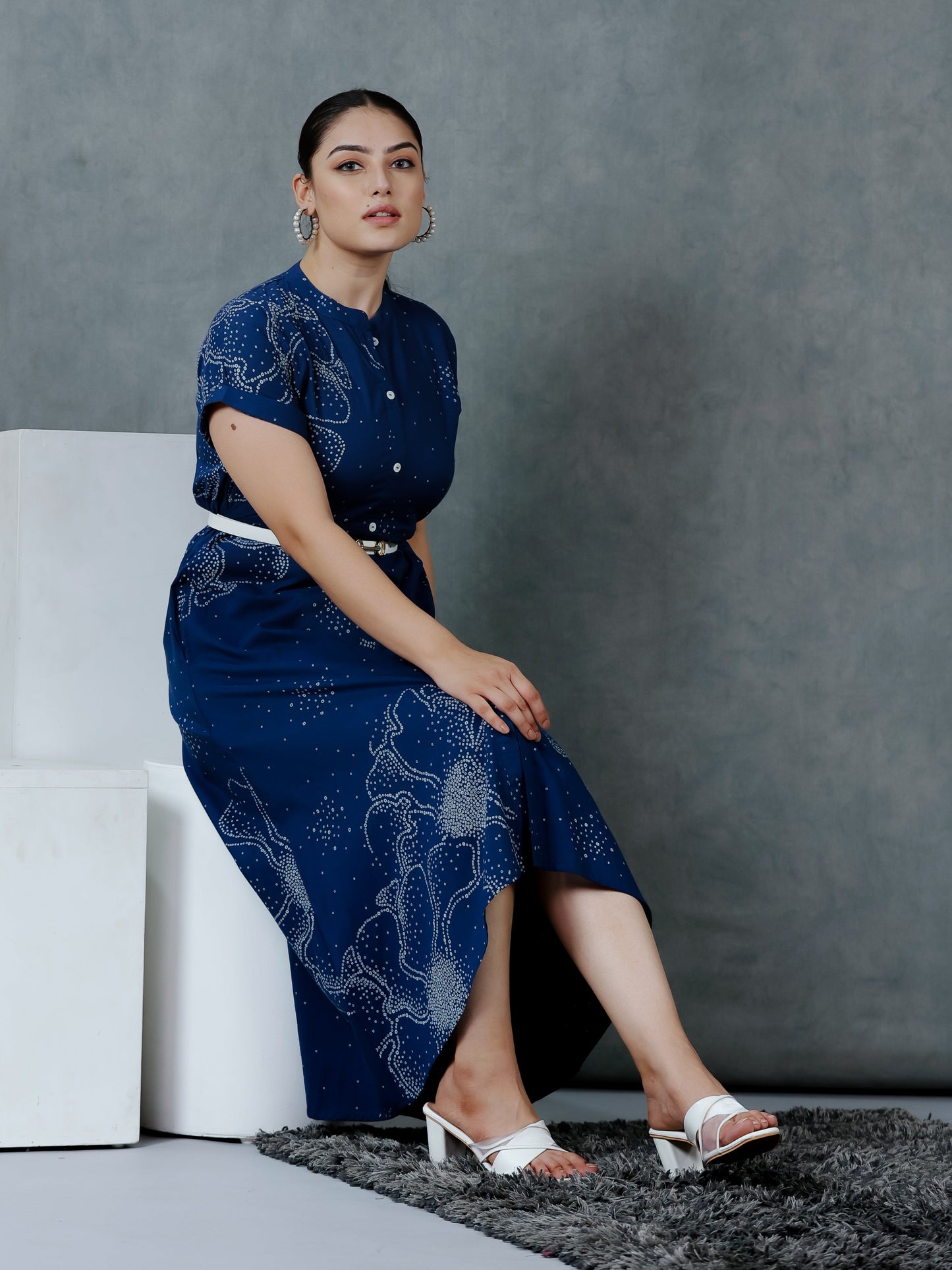 Soft Cotton Placement Print A-line Blue Dress