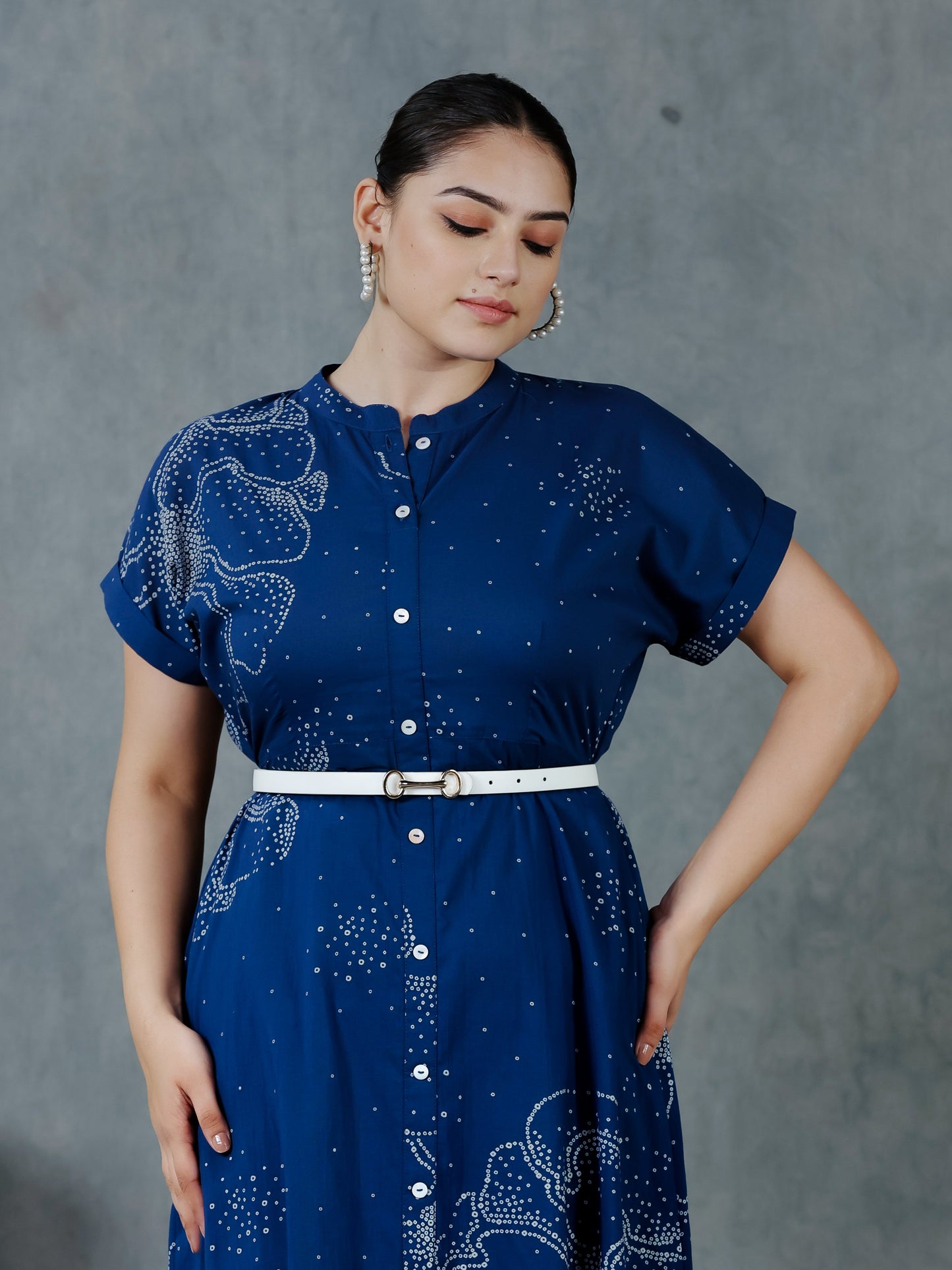 Soft Cotton Placement Print A-line Blue Dress