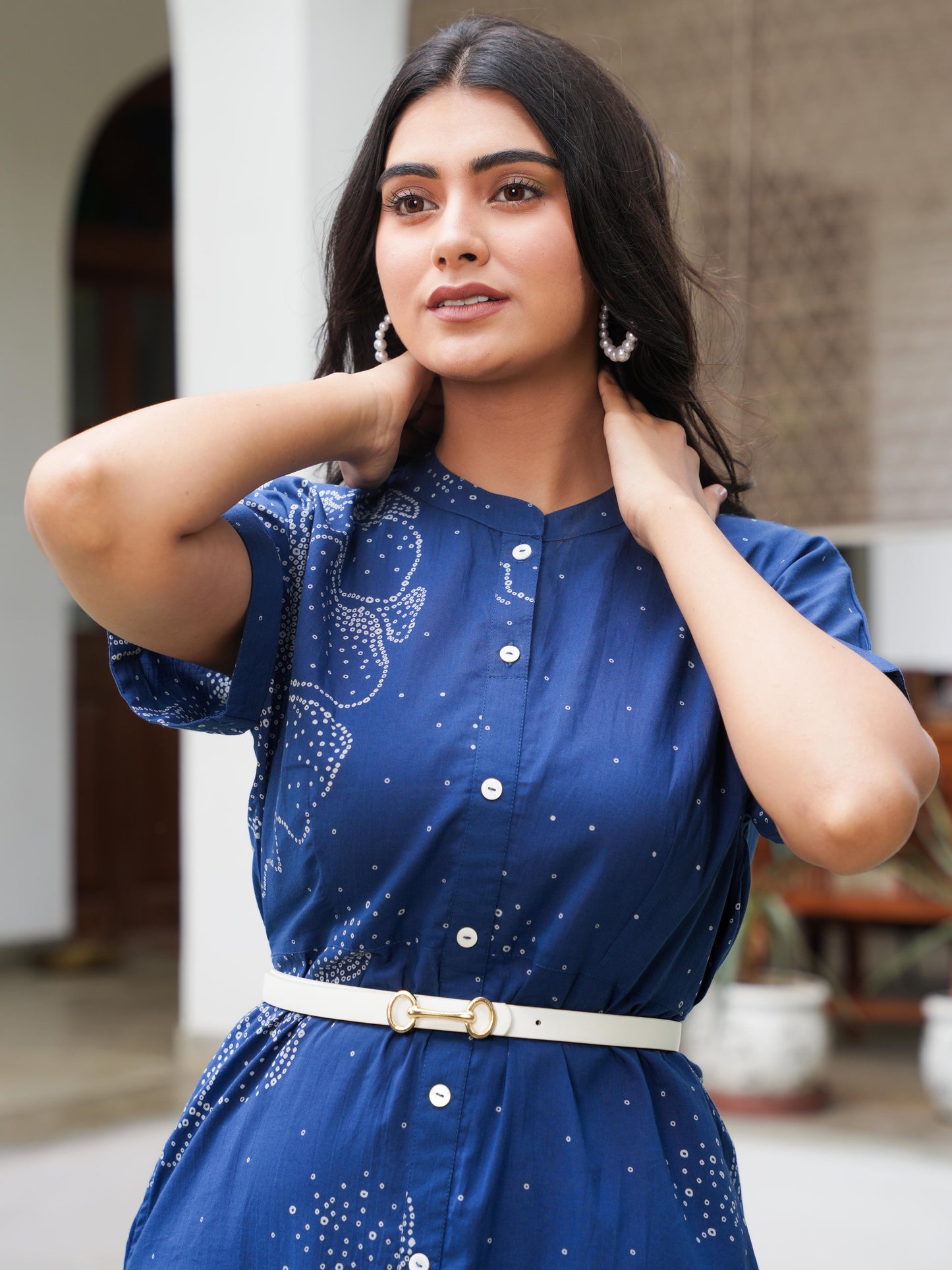 Soft Cotton Placement Print A-line Blue Dress