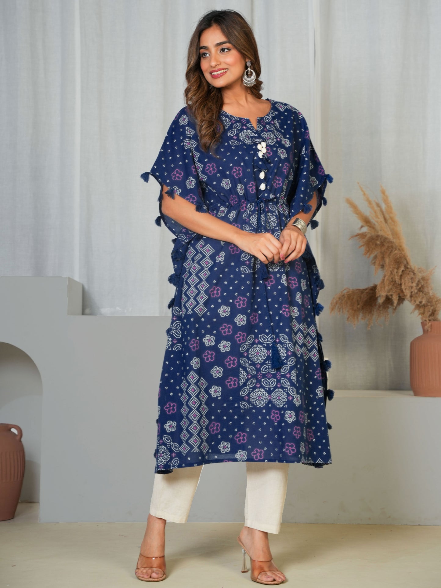 Soft Cotton Bandhani Kaftan Blue Kurta