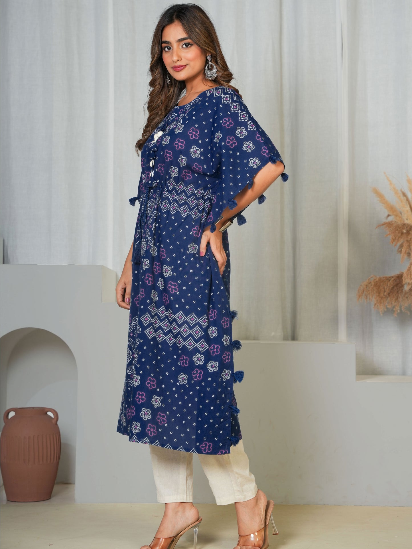 Soft Cotton Bandhani Kaftan Blue Kurta