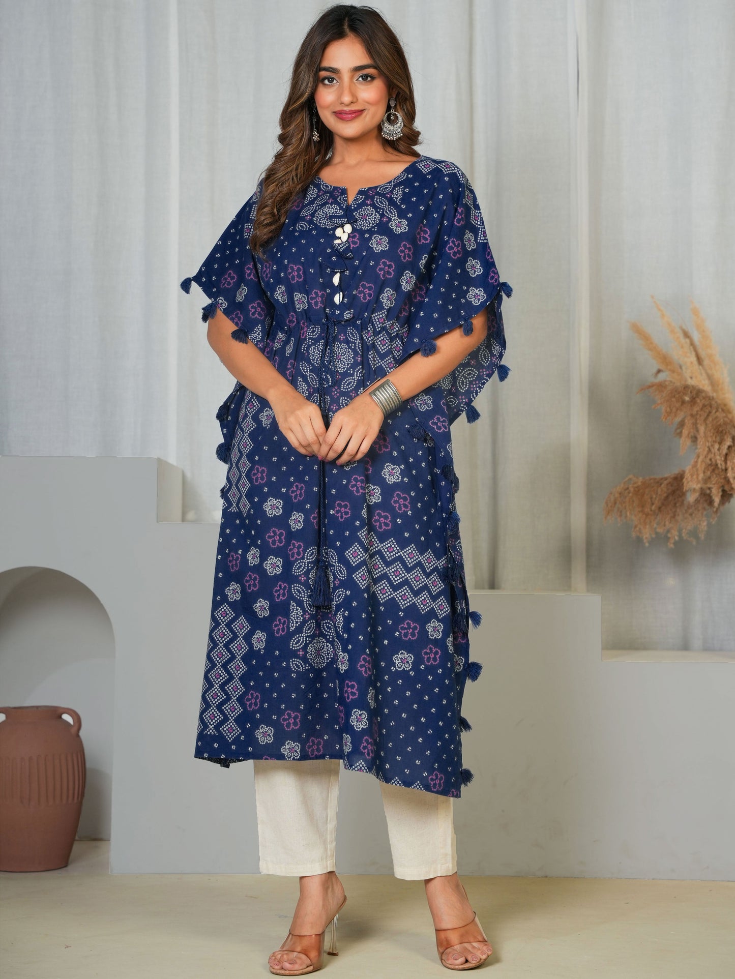 Soft Cotton Bandhani Kaftan Blue Kurta