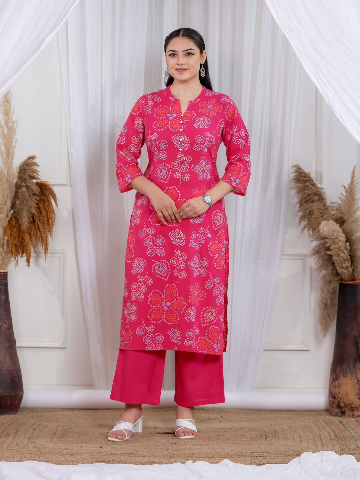 Soft Cotton Bandhani Straight Pink Kurta