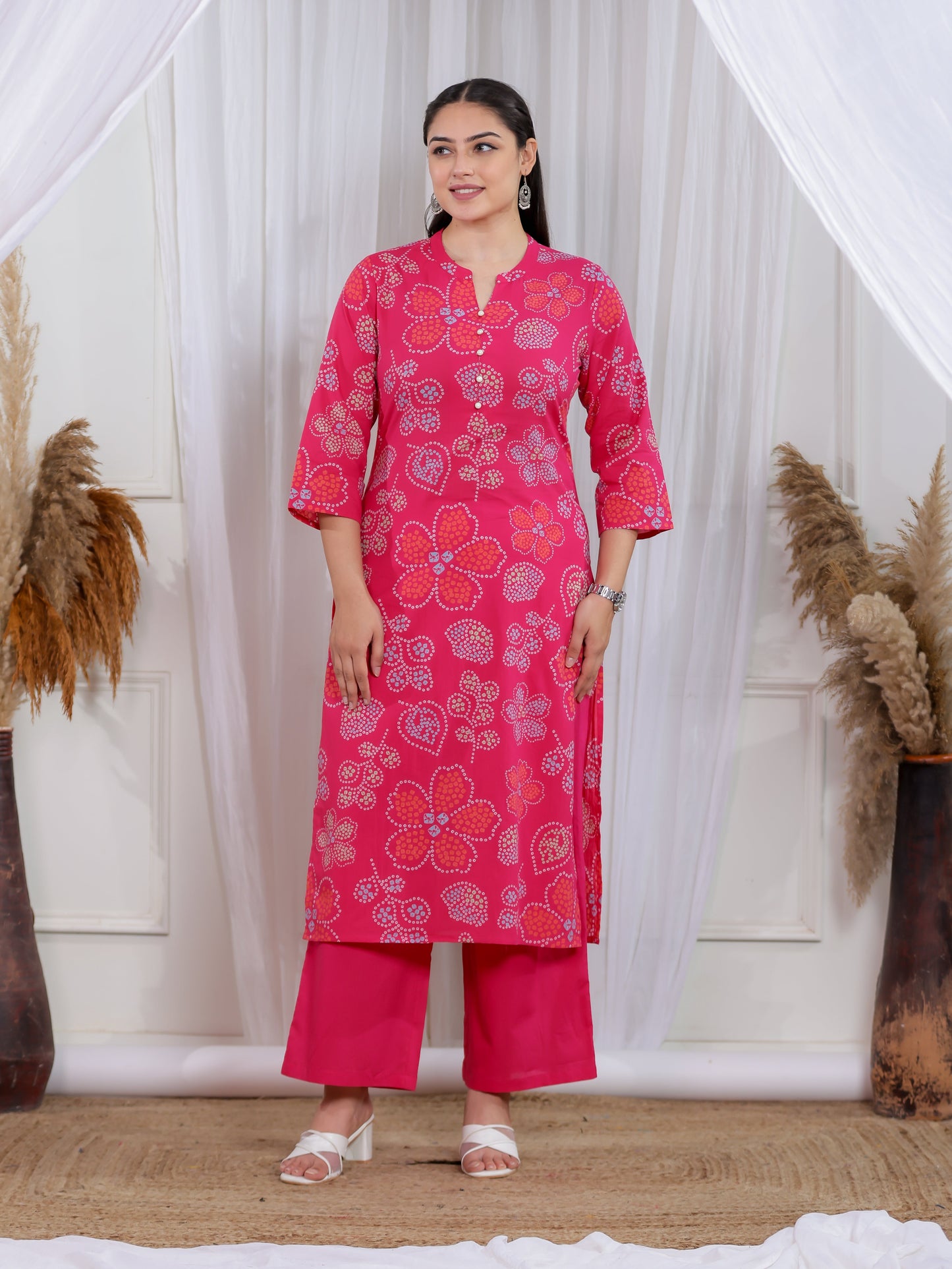 Soft Cotton Bandhani Straight Pink Kurta