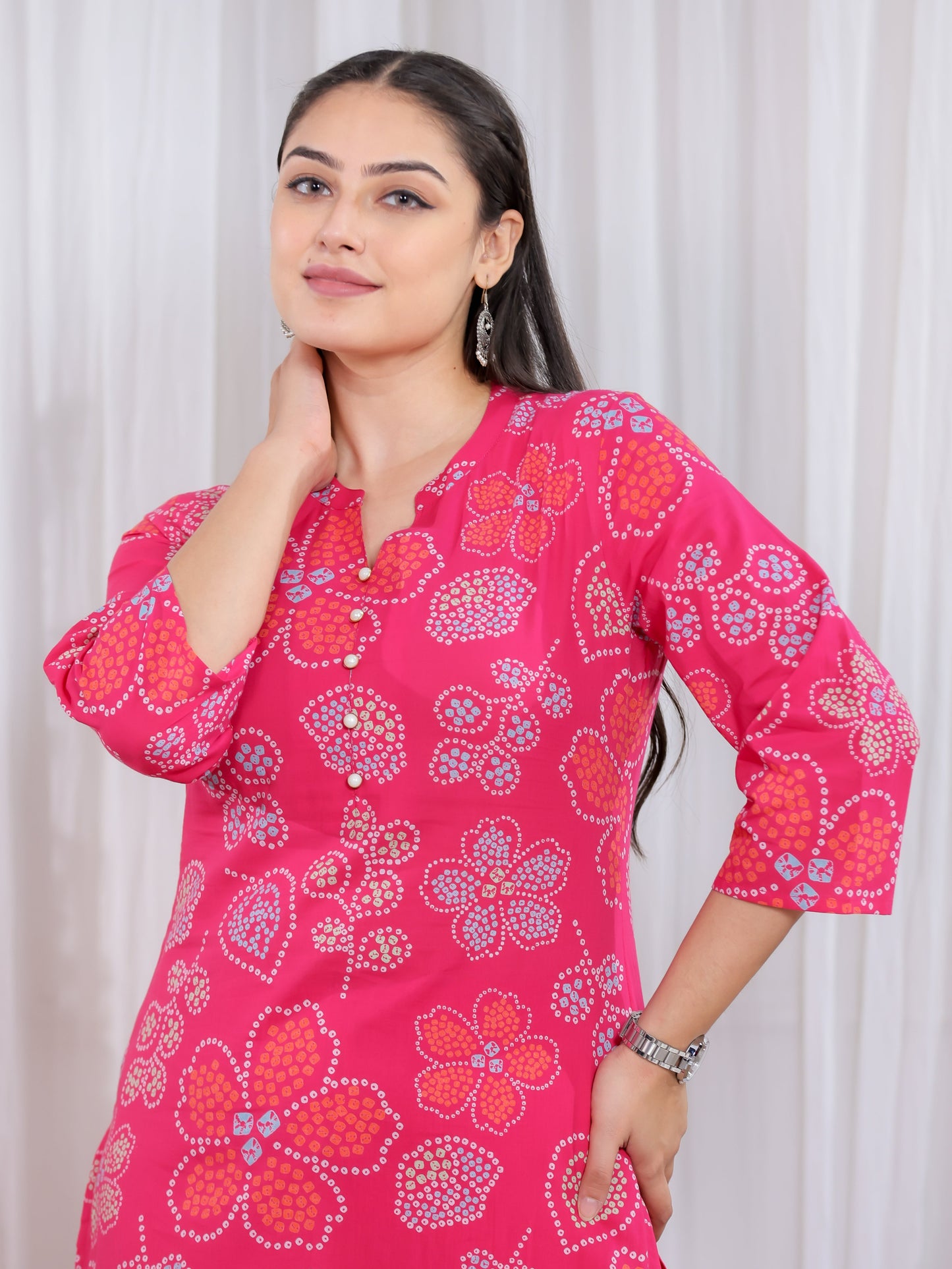 Soft Cotton Bandhani Straight Pink Kurta