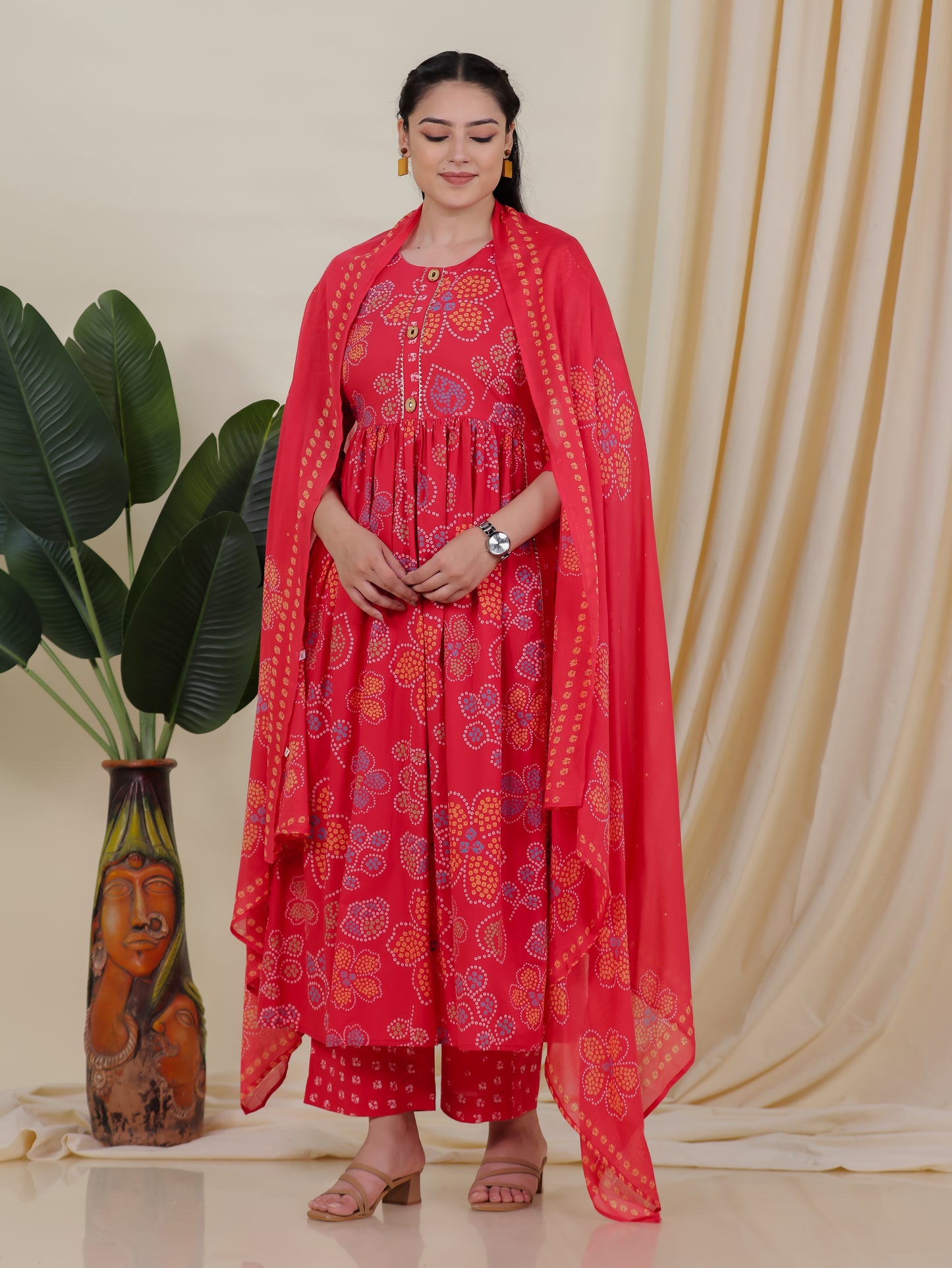 Soft Cotton Bandhani Gathered Red Kurta