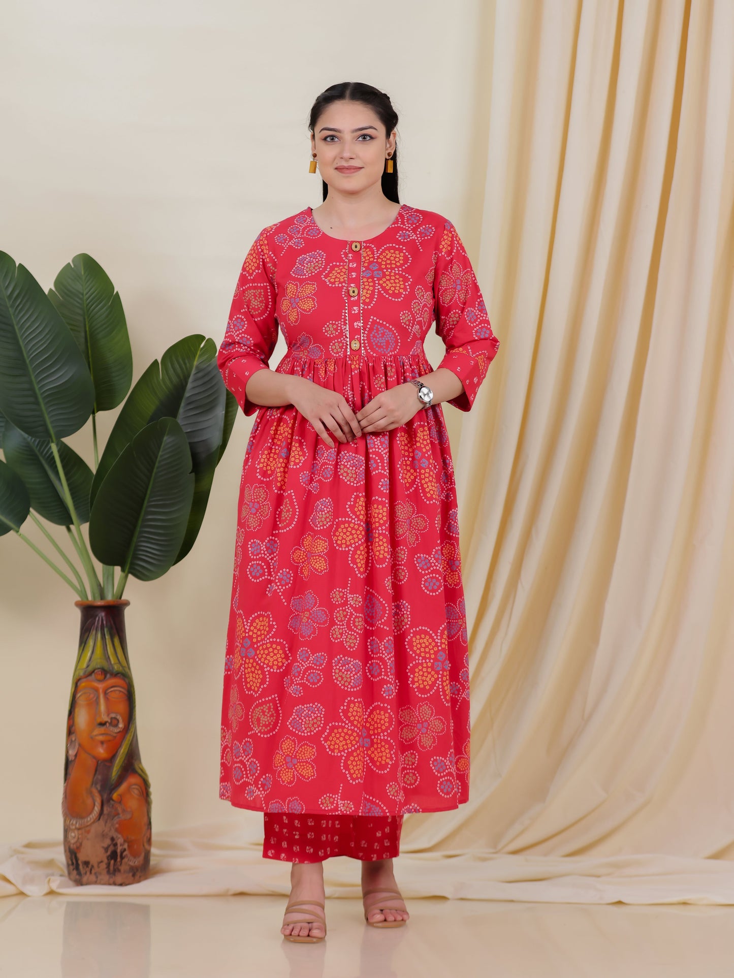 Soft Cotton Bandhani Gathered Red Kurta