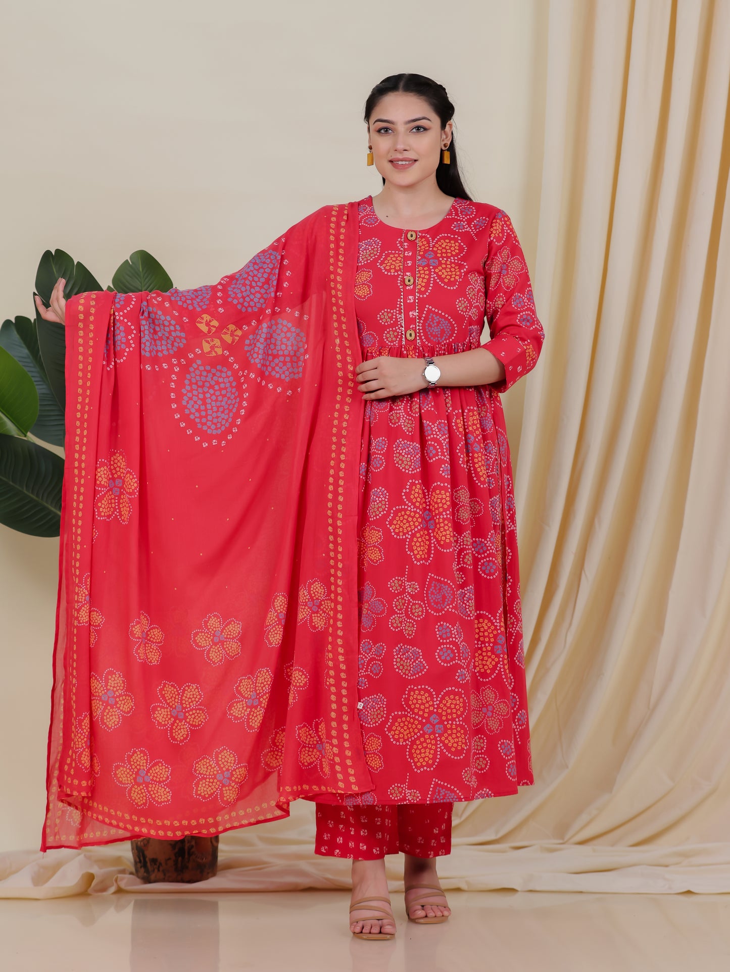 Soft Cotton Bandhani Gathered Red Kurta