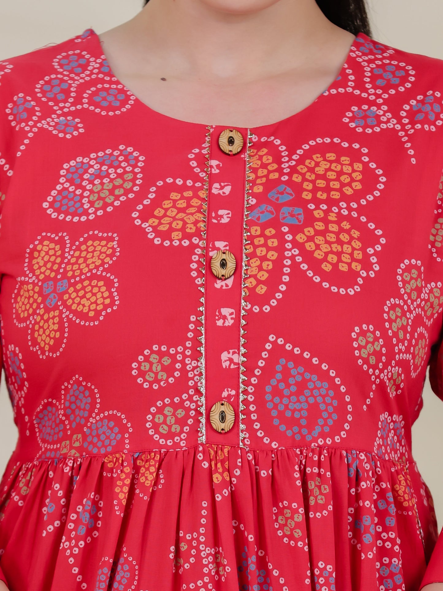 Soft Cotton Bandhani Gathered Red Kurta