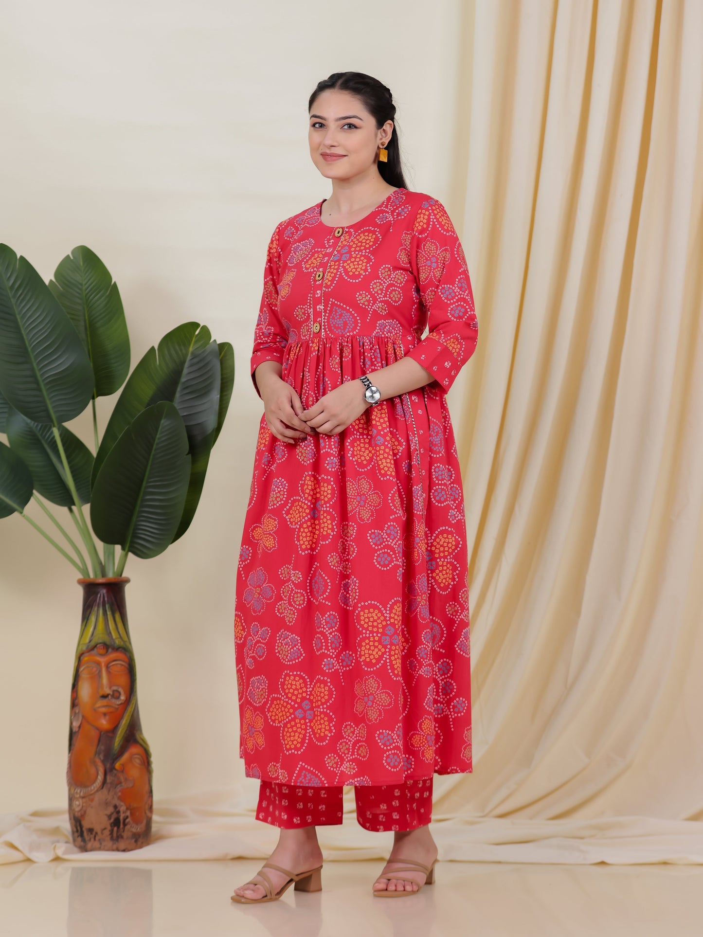 Soft Cotton Bandhani Gathered Red Kurta