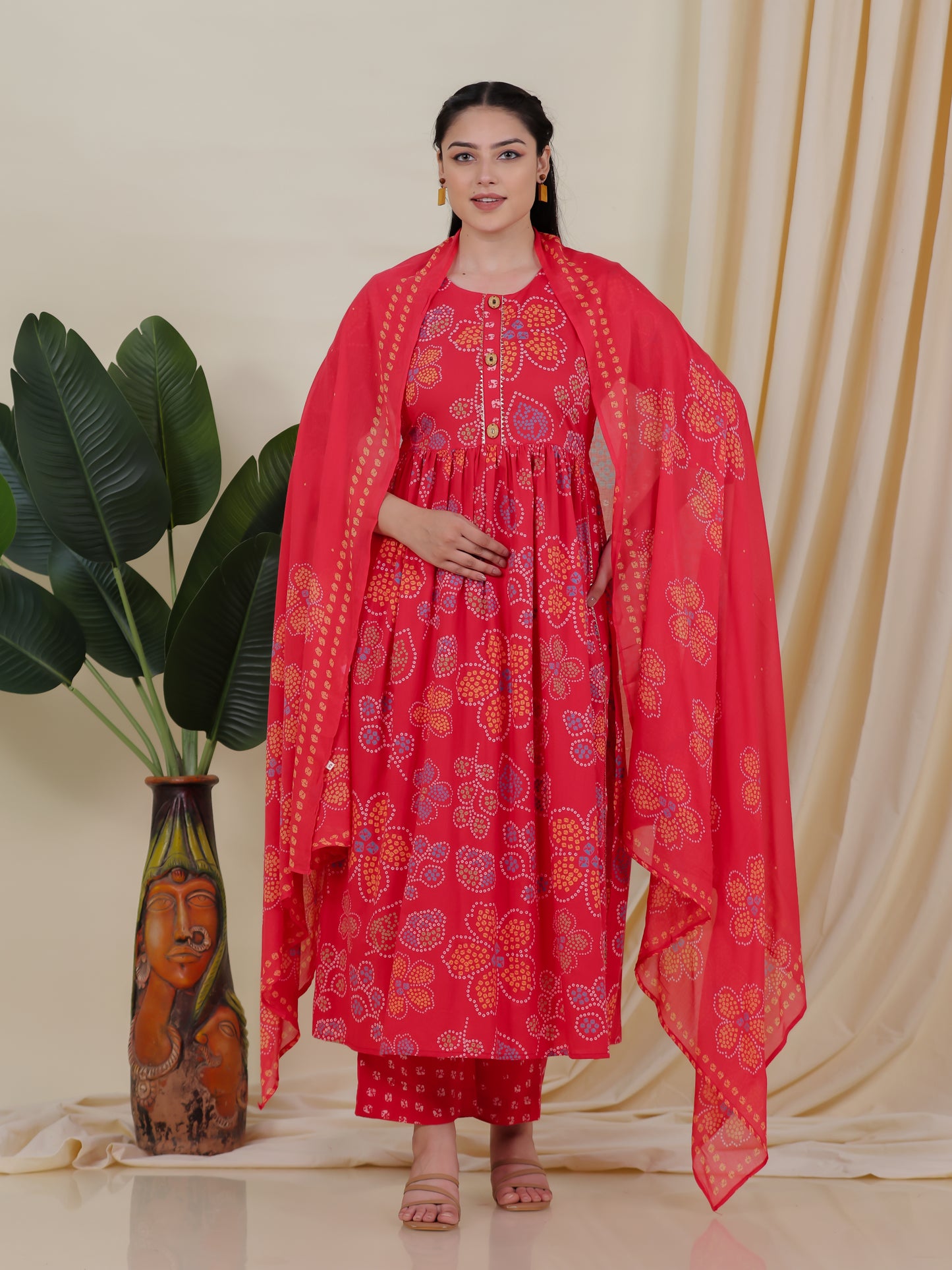 Soft Cotton Bandhani Gathered Red Kurta