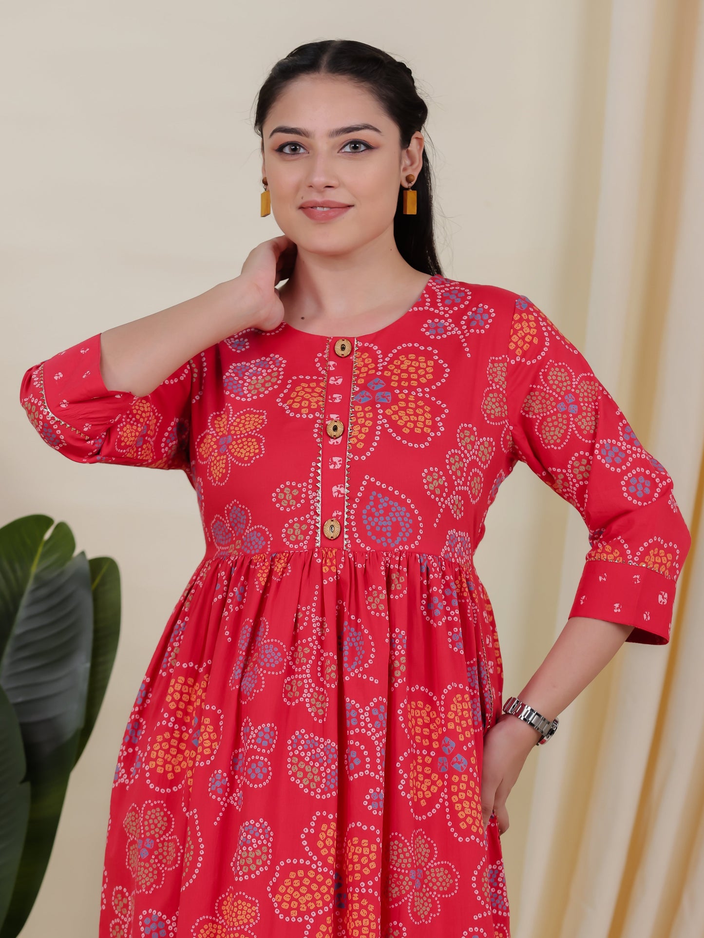 Soft Cotton Bandhani Gathered Red Kurta