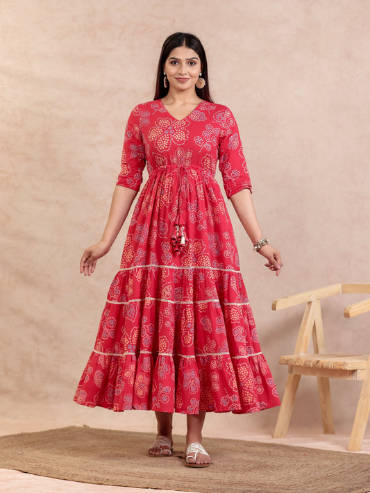 Soft Cotton Bandhani A-line Red Dress