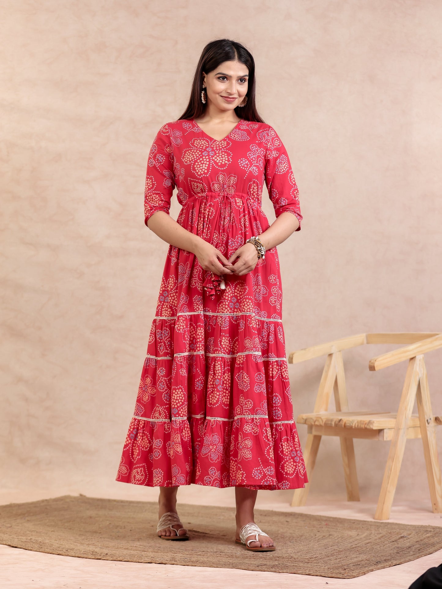 Soft Cotton Bandhani A-line Red Dress