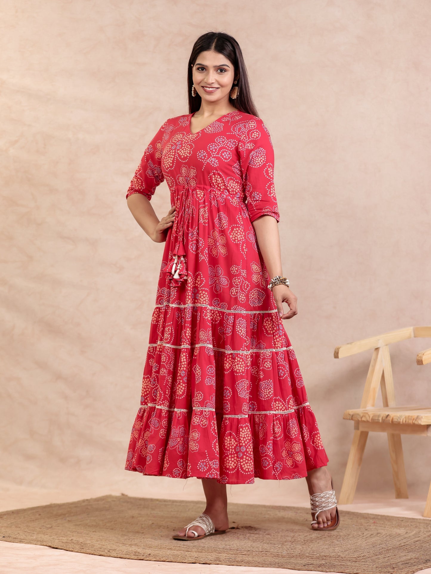 Soft Cotton Bandhani A-line Red Dress