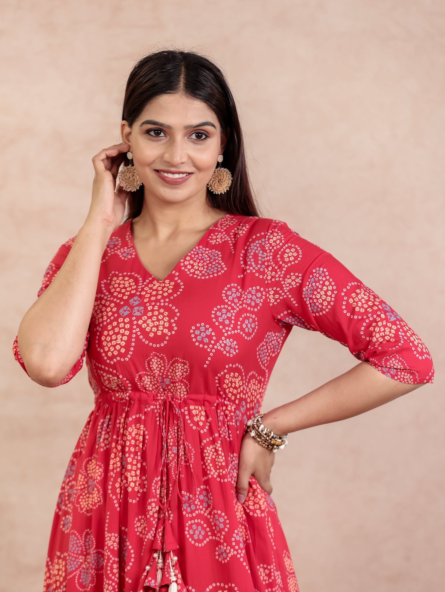 Soft Cotton Bandhani A-line Red Dress