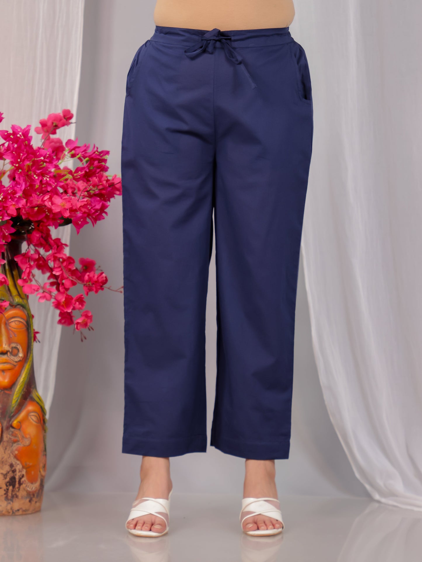 Soft Cotton Solid Blue Trousers Straight Trousers