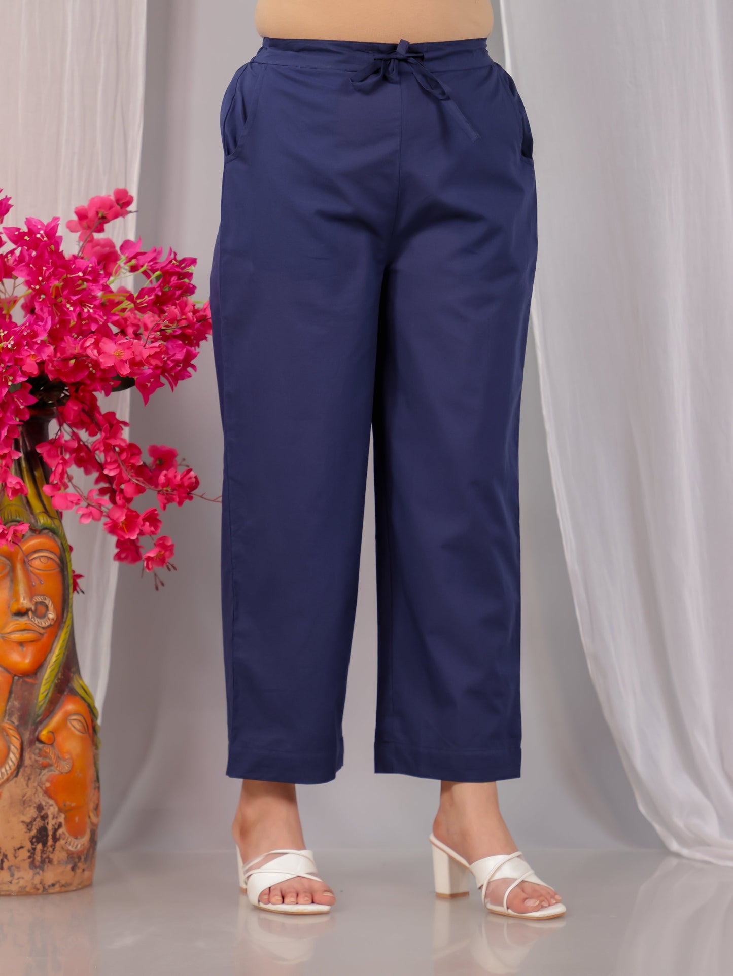 Soft Cotton Solid Blue Trousers Straight Trousers