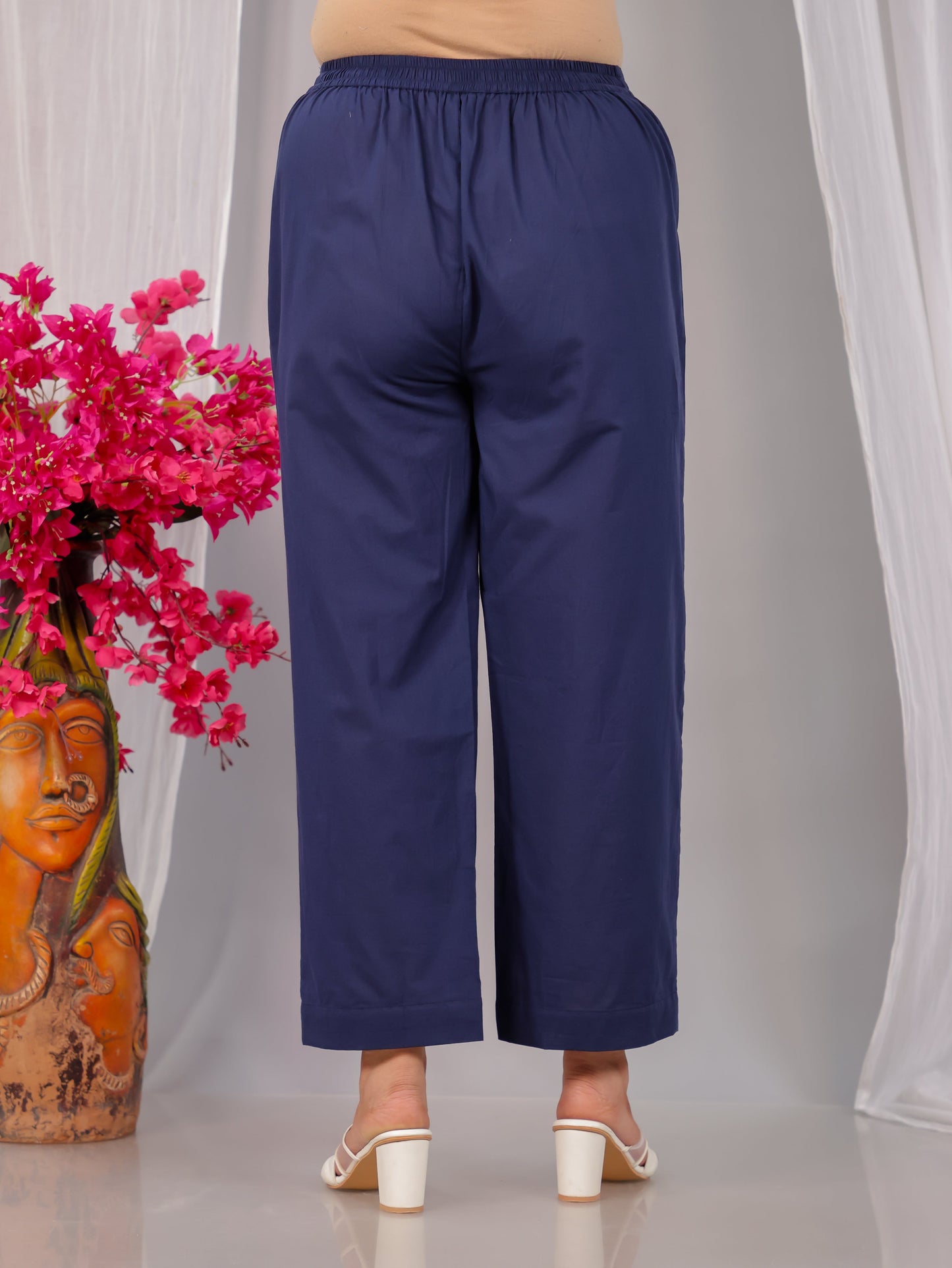 Soft Cotton Solid Blue Trousers Straight Trousers