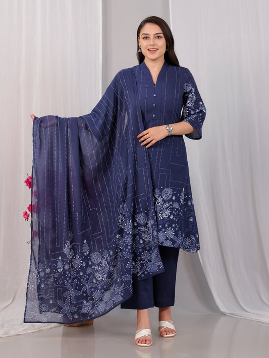 Cotton Voile Placement Print Blue Dupatta