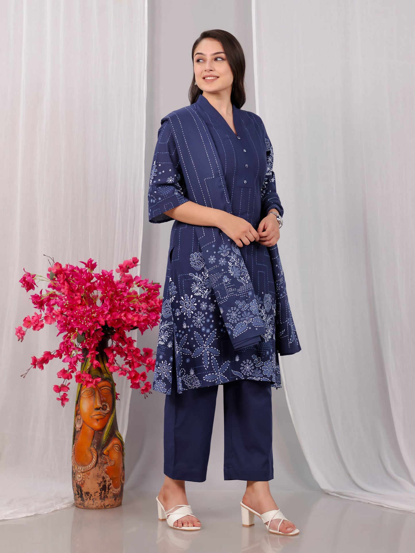 Cotton Voile Placement Print Blue Dupatta