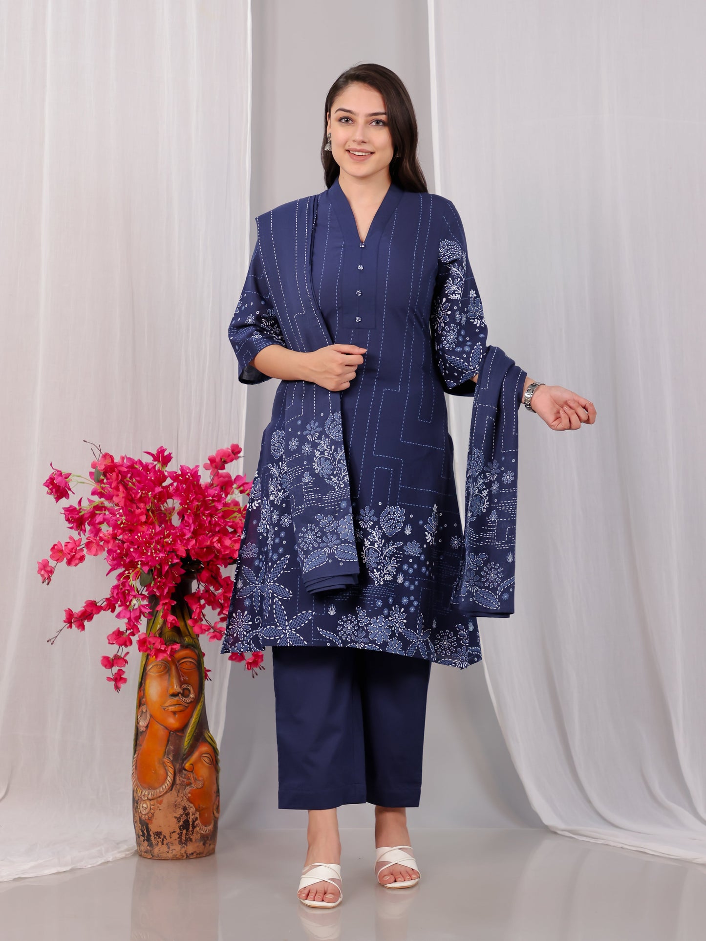 Cotton Voile Placement Print Blue Dupatta