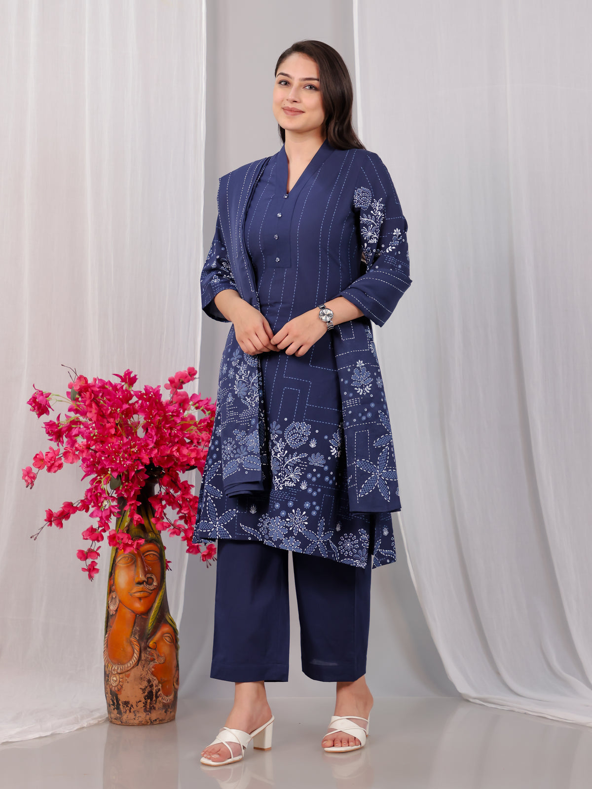 Soft Cotton Placement Print A-line Blue Kurta