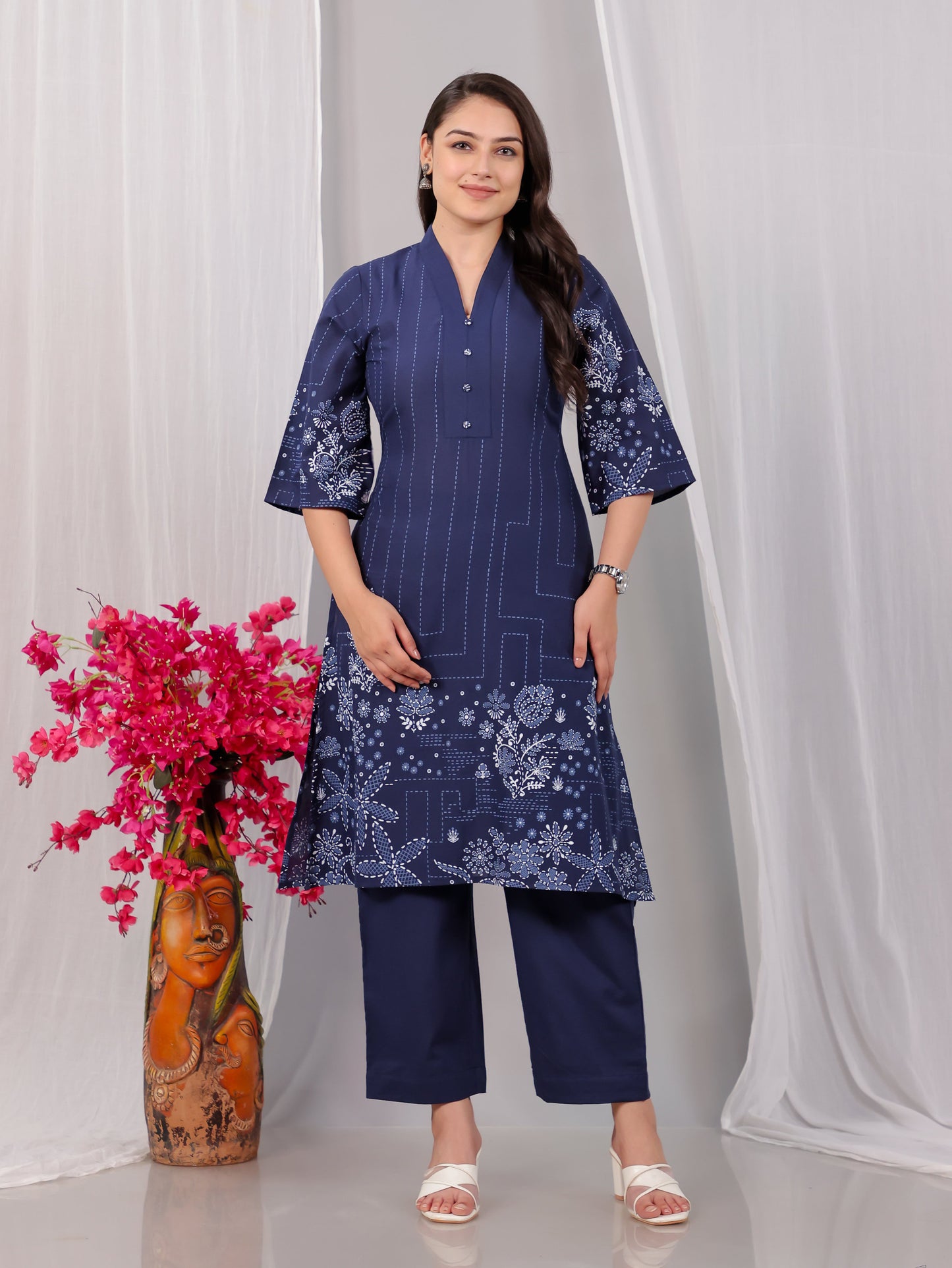 Soft Cotton Placement Print A-line Blue Kurta