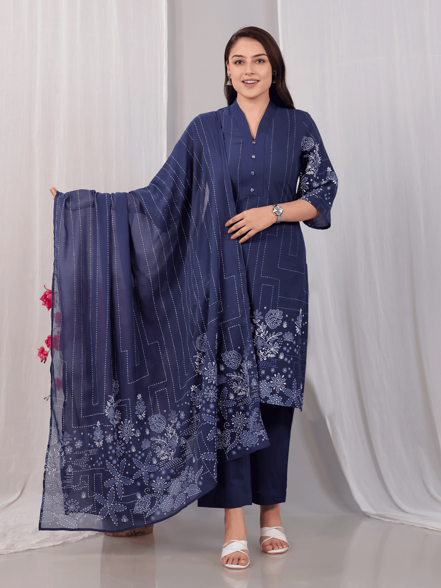 Soft Cotton Placement Print A-line Blue Kurta