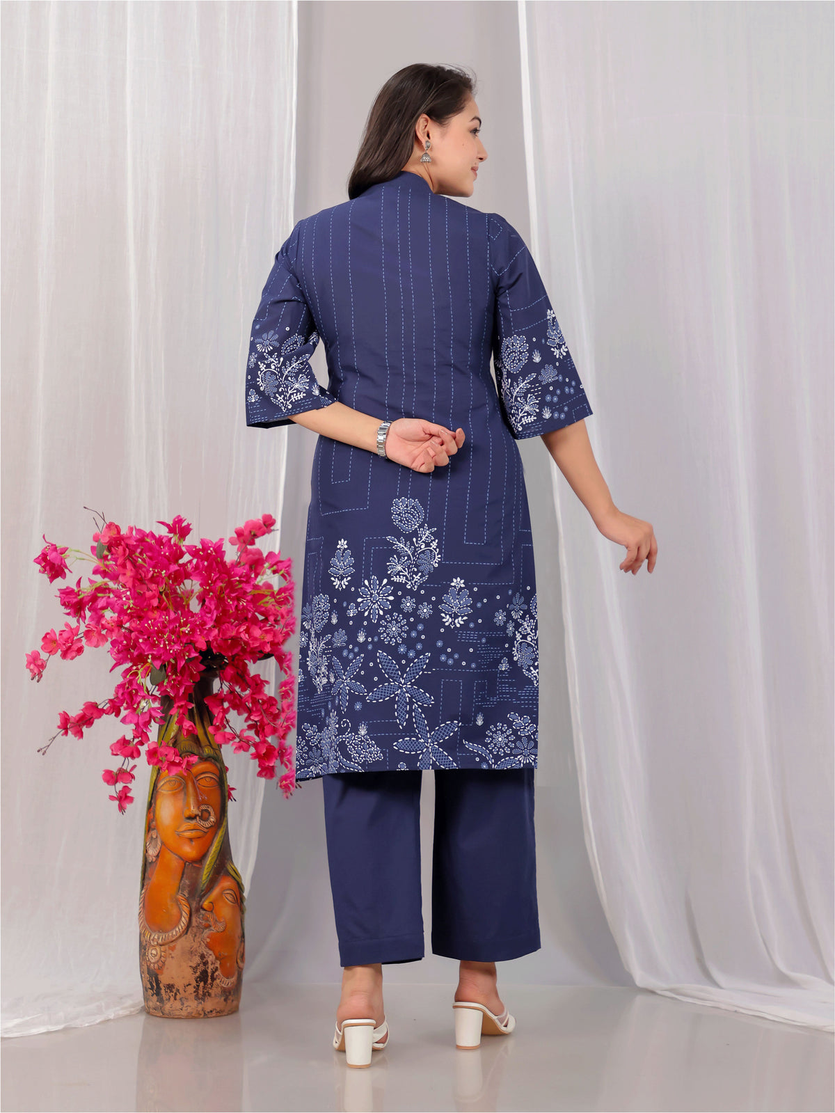 Soft Cotton Placement Print A-line Blue Kurta